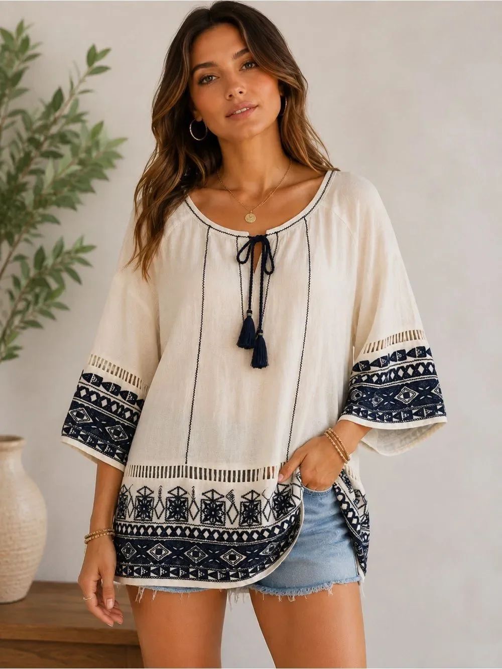 Free People Noyal Counting Stars Boho Embroidered Peasant Top Tassel Tie M/L